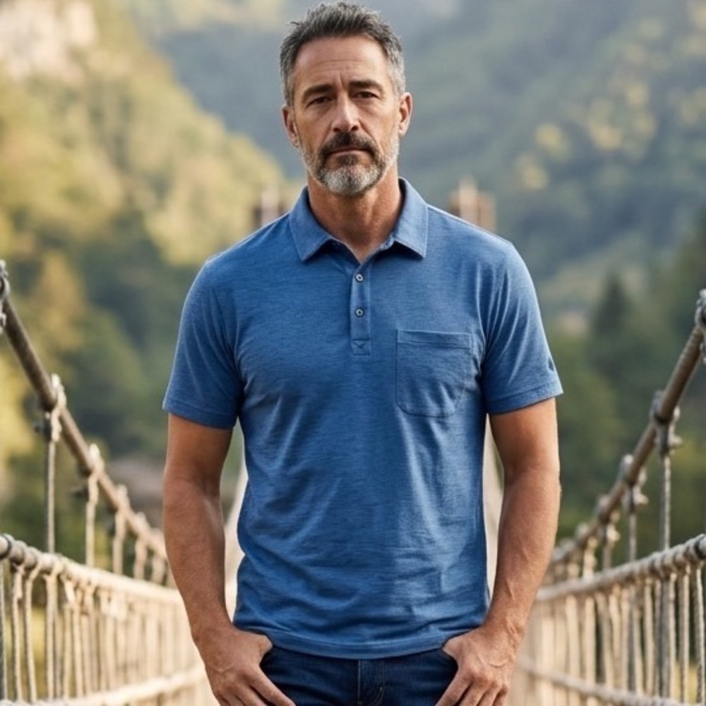 Stio Mens Divide Polo Shirt Blue Heathered Short Sleeve Chest Pocket Small 2247